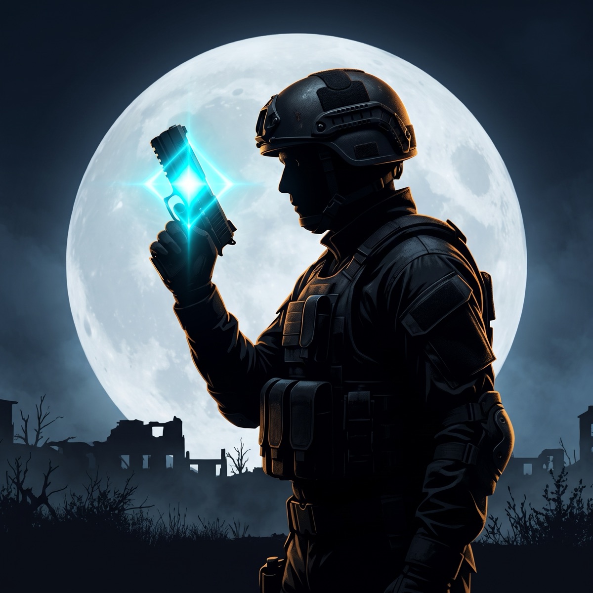 A soldier in black tactical gear holds up the glowing cyan Cure Pistol in front of a full moon over a ruined town.