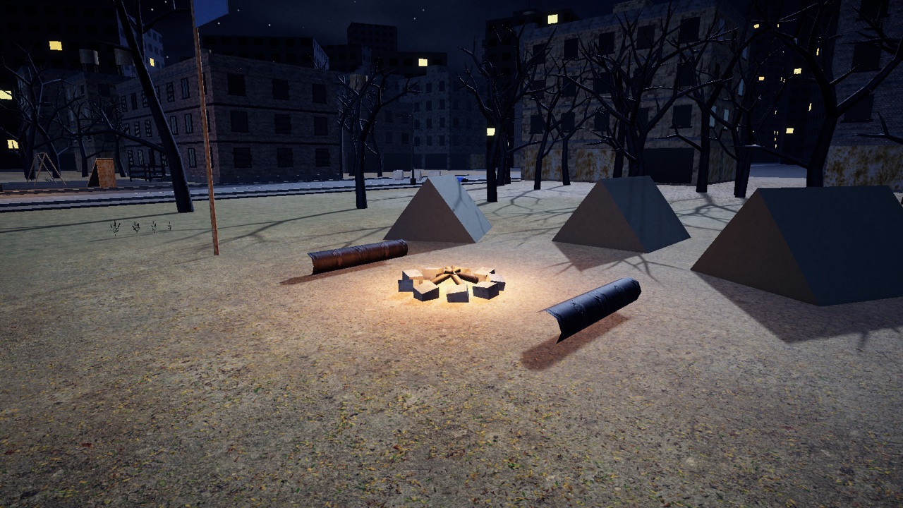 The Rescue Camp: tents and logs around a glowing campfire in a park at night.