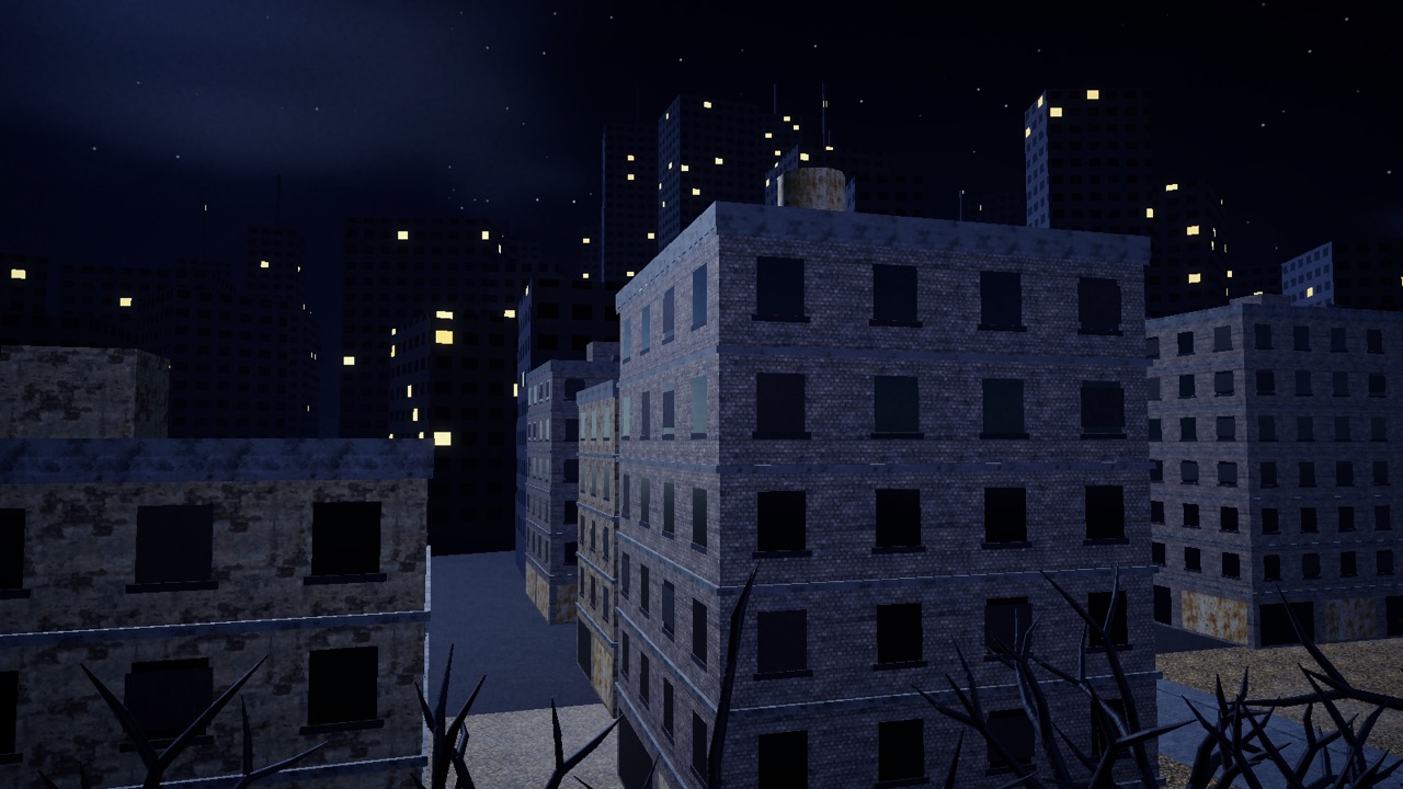 Old brick apartment blocks with a dark city skyline and starry sky behind.