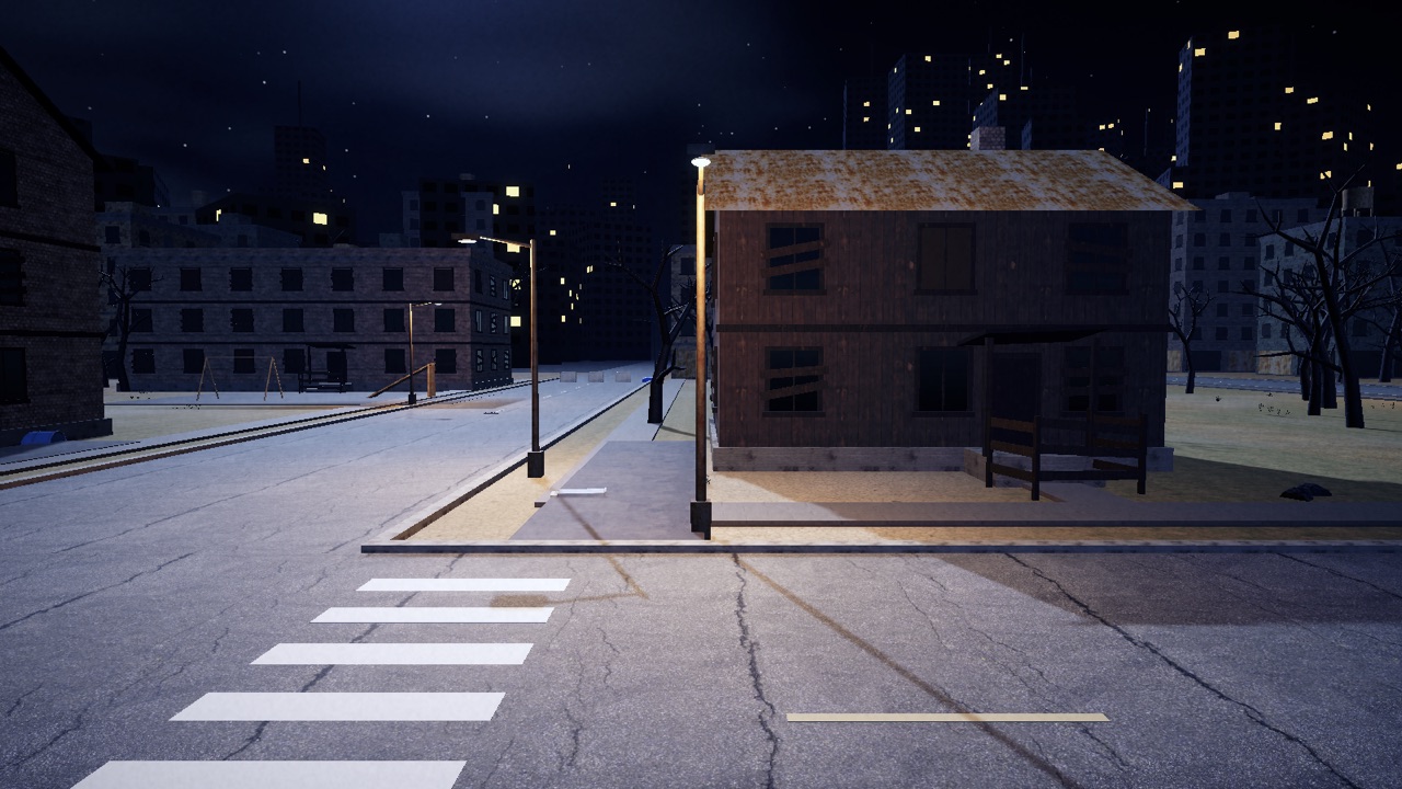 An empty crossroads at night, a boarded-up house lit by a street lamp, city towers behind.